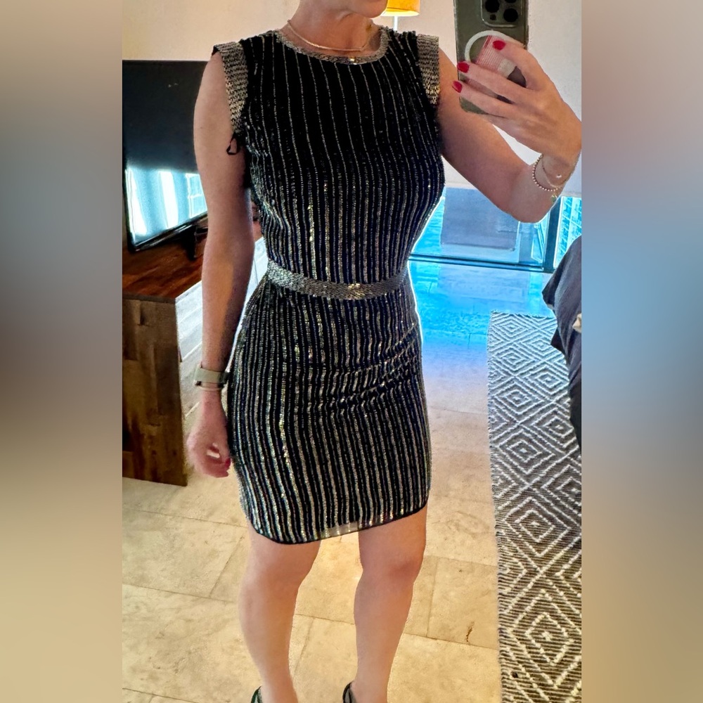 Elegant Black and Silver Striped Dress